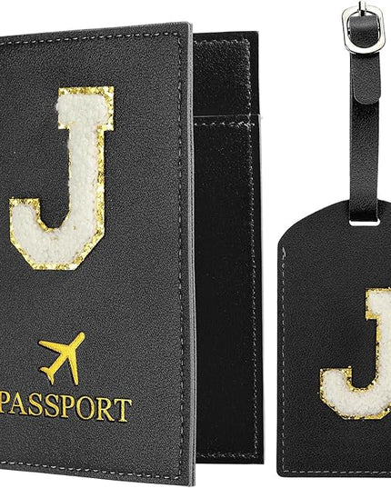 PATIKIL Passport Holder for Travel, Initial Passport Cover and Luggage Tag Set with Alphabet Chenille Letter Patch Travel Wallet Bag Suitcase Identifier for Women Family Travel Black J