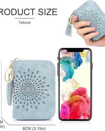 APHISON RFID Credit Card Holder Zipper Card Case Keychain Small Wallet for Women 1927 BLUE