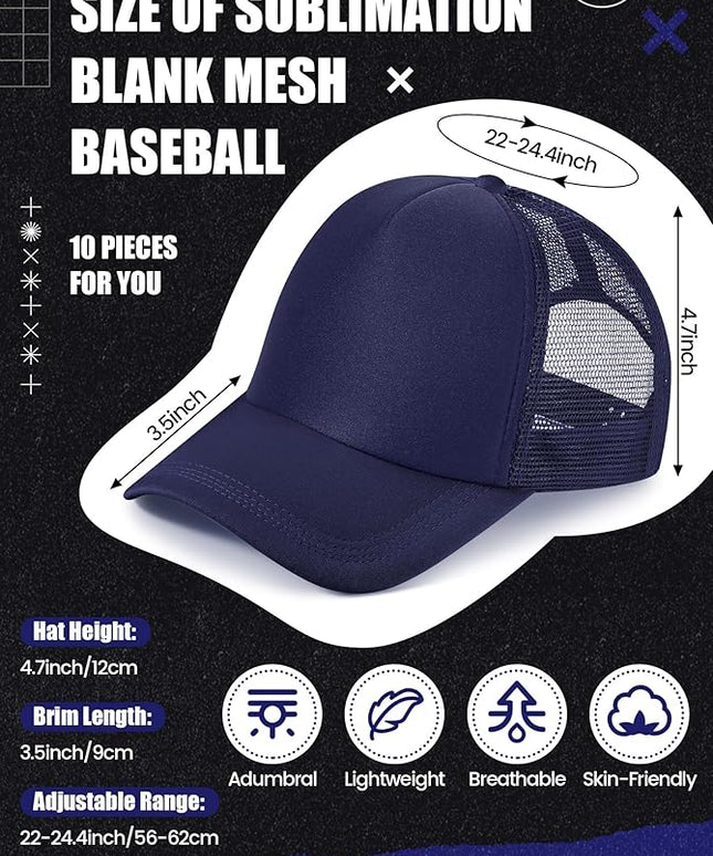 10 Pcs Sublimation Blank Trucker Hats Bulk Mesh Baseball Cap Polyester Mesh Trucker Hat for Men and Women