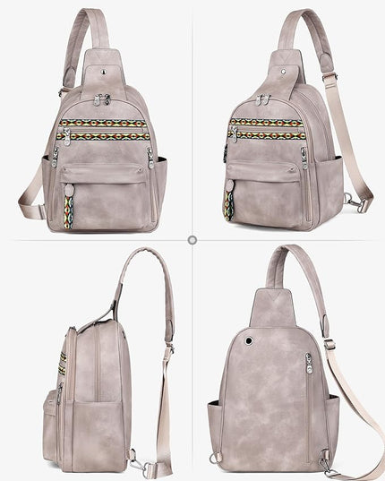 FADEON Large Sling Bag for Women, Leather Crossbody Purse Designer Anti Theft Sling Backpack, RFID Fanny Packs for Travel