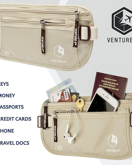 VENTURE 4TH Money Belt for Travel – Hidden Under-Clothes RFID Blocking Passport Holder & Slim Travel Wallet Pouch for Men & Women to Protect Cash, Cards & Documents (Beige)
