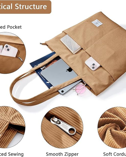 KALIDI Women Corduroy Tote Bag Zipper Casual Tote's Handbag Big Capacity Shoulder Bag with Pockets