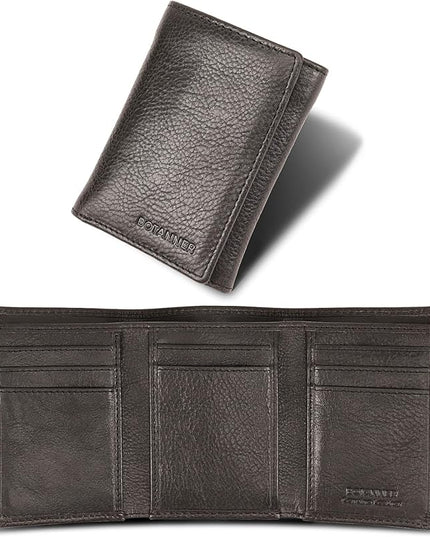 BOTANNER Genuine Leather Mens Trifold Wallet RFID Blocking 8 Credit Card Slots Section for Bills 3 Hidden Pockets | Black