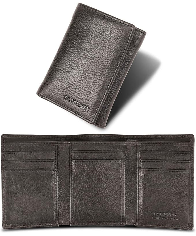 BOTANNER Genuine Leather Mens Trifold Wallet RFID Blocking 8 Credit Card Slots Section for Bills 3 Hidden Pockets | Black