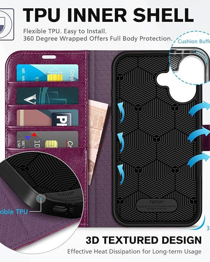 TUCCH Case Wallet for iPhone 16, Kickstand PU Leather Magnetic Protective Flip Cover with [RFID Blocking] [4 Card Slots] [TPU Interior Case] Compatible with iPhone 16 5G 2024, Plum Purple