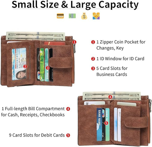 GAEKEAO Small Wallet for Women, Bifold Leather RFID Blocking Ladies Compact Card Holder with Zipper Pocket & ID Window