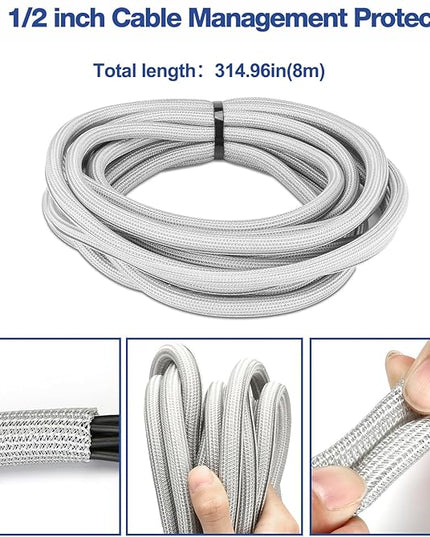 JOTO 1 Pack Cable Management Sleeve, 26 Feet Cord Organizer System with Zipper for TV Computer Office Home Entertainment, Flexible Cable Sleeve Wrap Cover Wire Hider System -Grey