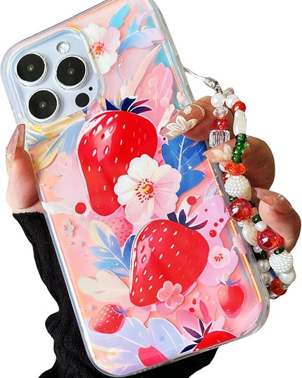 Compatible with iPhone 15 Pro Case, Strawberry Pattern Luxury Magnetic Case[Compatible with MagSafe][with Beads Wrist Strap Bracelet Chain and Glitter Bling Back] for Women and Cute Girly