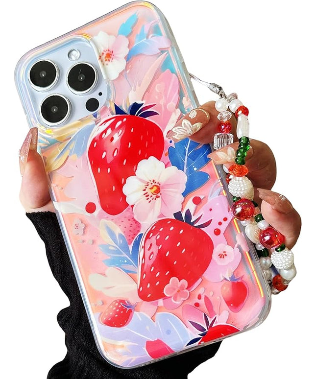 Compatible with iPhone 15 Pro Case, Strawberry Pattern Luxury Magnetic Case[Compatible with MagSafe][with Beads Wrist Strap Bracelet Chain and Glitter Bling Back] for Women and Cute Girly