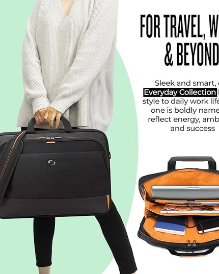 Solo New York Briefcase - Laptop Carrying Bag for Women & Men, Brief for Travel & Work, Internal Tablet Pocket, Adjustable Shoulder Strap, Fits 17.3" Computer - Focus, Black