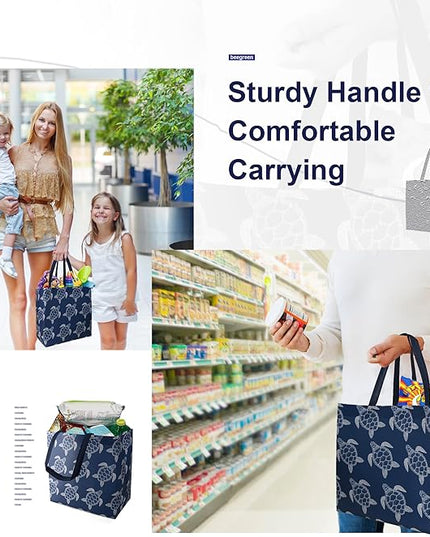 BeeGreen Sea Turtle Reusable Shopping Bags For Groceries 6 Pack- Large Foldable Tote Bags- Strong Handles for Heavy Groceries, Perfect for Supermarket, Farmers Market, and Storage Organization