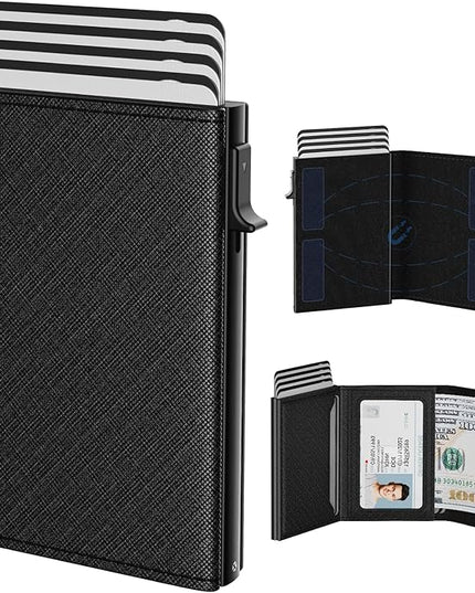 typecase Mens Wallet Card Holder: Pop Up Aluminum Case, Genuine Leather, Smart, RFID Blocking, Slim, Minimalist, Front Pocket - 9-14 Card Capacity | ID Window | Cash Slot (Cross Black)