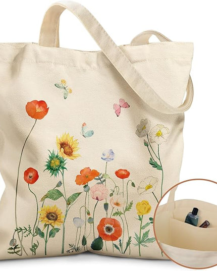 Canvas Tote Bag with Pockets - Aesthetic Reusable Totes for Women Ladies Cute Printed Cloths Canvas Shoulder Bag