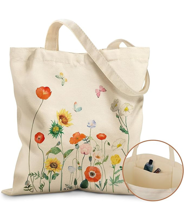 Canvas Tote Bag with Pockets - Aesthetic Reusable Totes for Women Ladies Cute Printed Cloths Canvas Shoulder Bag
