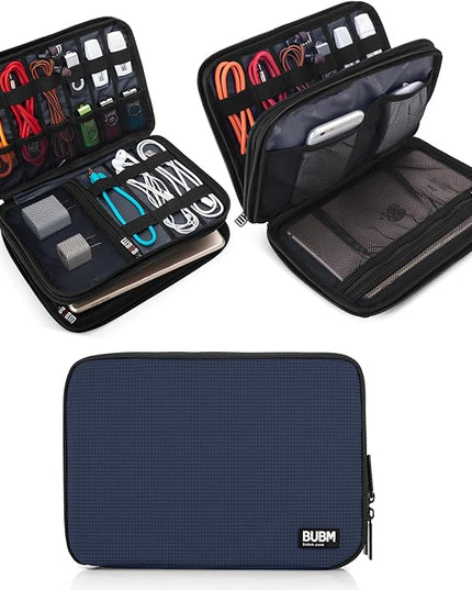 BUBM Double Layer Electronic Accessories Organizer, Travel Gear Bag for Cables, USB Flash Drive, Plug and More, Perfect Size Fits for iPad Mini (Medium, Dark Blue)