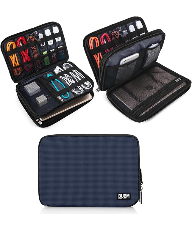 BUBM Double Layer Electronic Accessories Organizer, Travel Gear Bag for Cables, USB Flash Drive, Plug and More, Perfect Size Fits for iPad Mini (Medium, Dark Blue)