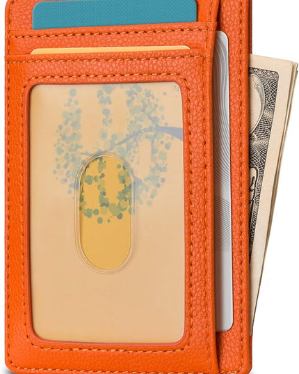 Buffway Slim Minimalist Front Pocket RFID Blocking Leather Wallets for Men and Women - Lichee Orange