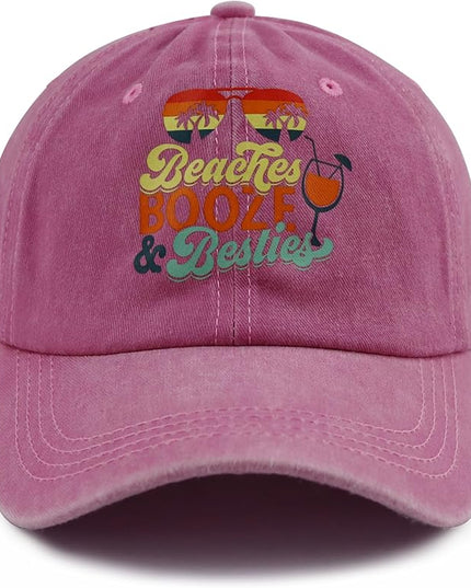 Beaches Booze & Besties Hat for Women, Vintage Adjustable Cotton Beach Baseball Cap