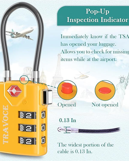 Search Alert TSA Approved Travel Combination Luggage Cable Locks for Suitcase, Gym Locker,Toolbox,Backpack 1,2,4,6 &10 pk (Yellow 4 Pack)