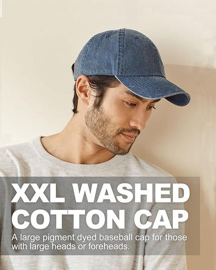 XXL Oversize Washed Denim Baseball Cap,Low Profile Jean Sports Cap for Big Heads 23.5"-25.5",Large Pigment Dyed Dad Hat