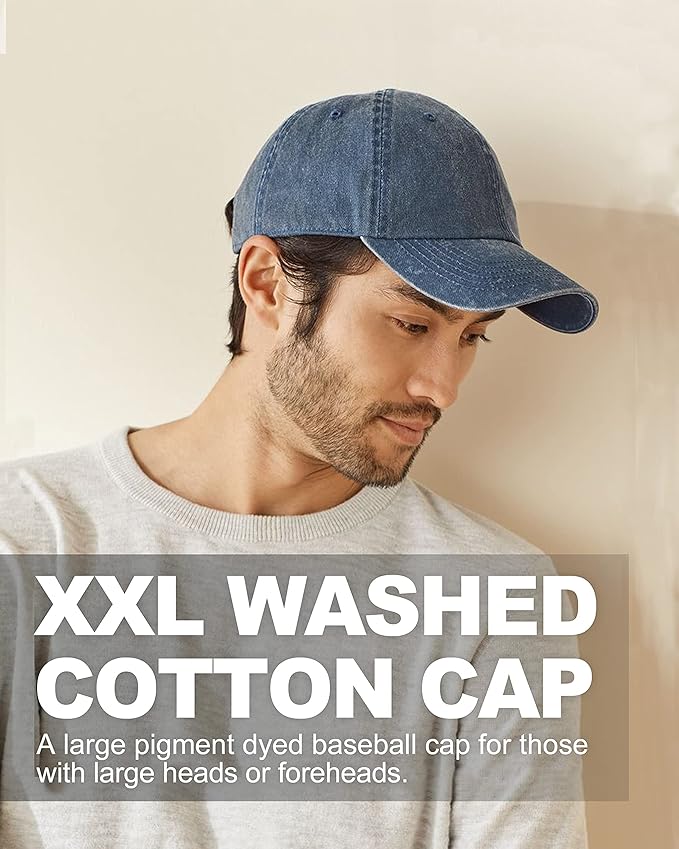 XXL Oversize Washed Denim Baseball Cap,Low Profile Jean Sports Cap for Big Heads 23.5"-25.5",Large Pigment Dyed Dad Hat