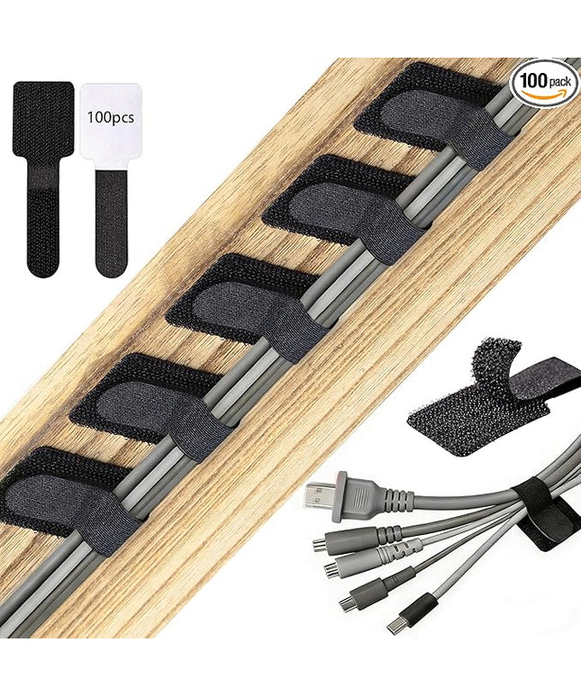 100 Pcs Hook and Loop Cable Ties, Self Adhesive Cable Management Desktop Cable Straps, Adjustable Cord Organizer for Desk Home Office Organization (Black)