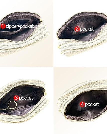 LINNO 3 Zippered Genuine Leather Coin Purse Triple Capacity Change Pouch Little Travel Wallet With Key Ring for Women