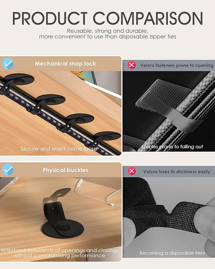 Nearockle Cable Management Under Desk, Adjustable Self-Adhesive Silicone Cable Ties Cord Organizer, Reusable Heavy-Duty Cord Holder Under Table for Office, Home, School (10Pcs-Black)