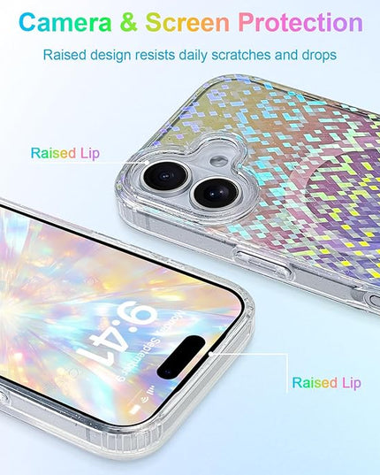 Glitter Case for iPhone 17 Case for Women Girls [Compatible with Magsafe] Clear Cute Girly Aesthetic Colorful Iridescent Rainbow Sparkly Sparkle Bling Magnetic Protective Phone Cover
