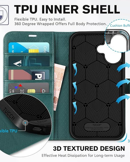 TUCCH Wallet Case for iPhone 16, Magnetic PU Leather Kickstand Flip Cover with 4 Card Slot Shockproof TPU Interior Shell, [RFID Blocking] Folio Case Compatible with iPhone 16 5G 2024, Teal Blue