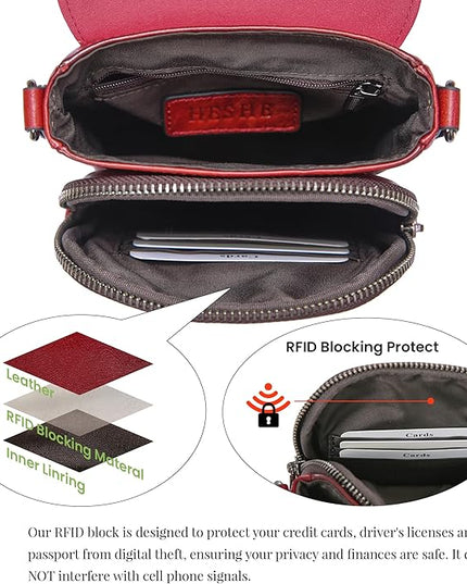 HESHE Leather Small Crossbody Bags for Women RFID Blocking Cell Phone Purse Anti-Theft Travel Bag with wide Straps