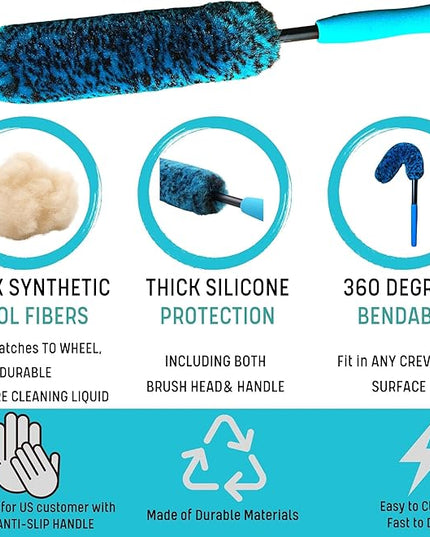 PRO Choice 4 Pack Long Handle Wheel Brush Kit for Cleaning Wheel and Tire- 2X Soft Wheel Cleaning Brush, Detailing Brush and Stiff Tire Brush