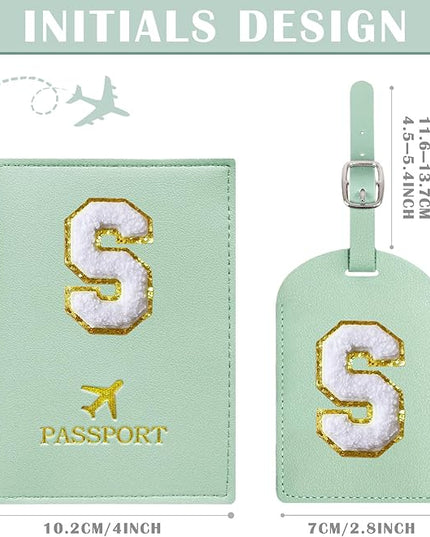 COSHAYSOO Green Passport Cover Holder and Luggage Tag Set TSA Approved with Initial Chenille Letter Patch A-Z for Women Teenage Girls, Vaccine Card Slot Travel Bag Suitcase Identifier (S)