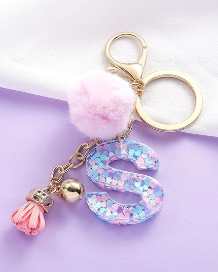 Resin Alphabet Initial Letter Keychain Keyring for Women Purse Handbags With Fur Ball Pom