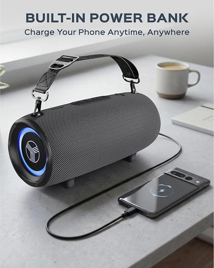 TREBLAB HD-Max Portable Bluetooth Speaker, 60W Loud Stereo Sound with Deep Bass, IPX7 Waterproof Outdoor Speaker, 20H Playtime, Powerbank, RGB Party Lights