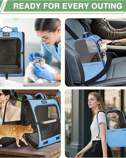 Cat Backpack Carrier with Ventilation Mesh and Safety Leash, Lightweight Dog Travel Backpack with Pockets, Reflective Strip, and Removable Mat,Hiking and Outdoor Use,Blue