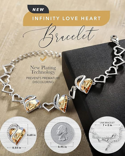 Leafael Infinity Love Heart Link Bracelets, Birthstone or Healing Stone Crystal Bracelet for Women, Silver Tone Jewelry Gifts for Her, 7-inch Chain and 2-inch Extender