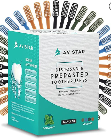 Avistar 80 Prepasted Disposable Toothbrushes Individually Wrapped - Single Use Pre Pasted Disposable Toothbrushes with Toothpaste Built in - Waterless Toothbrush for Travel, Guests, Hotel, & Camping