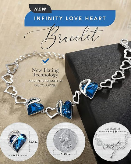Leafael Infinity Love Heart Link Bracelets, Birthstone or Healing Stone Crystal Bracelet for Women, Silver Tone Jewelry Gifts for Her, 7-inch Chain and 2-inch Extender
