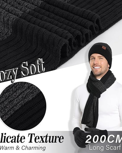 FZ FANTASTIC ZONE Mens Winter Knit Hat Beanie Long Neck Scarf Touchscreen Gloves Set Fleece Skull Caps Gifts for Men Women