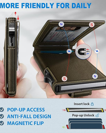 miyozi Airtag Wallet for Men Money Clip 9-Card Pop-Up Credit Card Holder with ID Window RFID Blocking Metal Case Magnetic Closure Front Pocket Wallet Gift Box