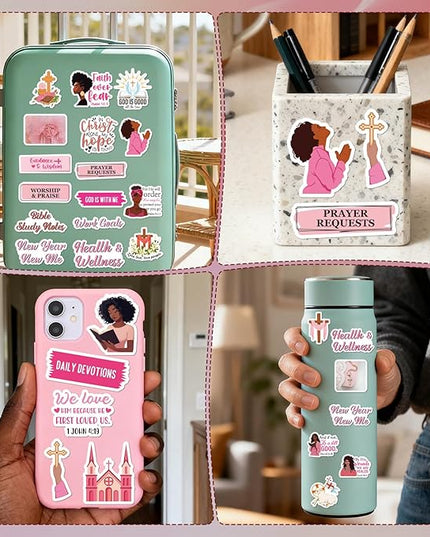 Prayer Board Stickers Supplies - 50 Pcs Black Women Prayer Vision Board Stickers for Women Girl, Inspirational Water Bottle Sticker, Waterproof Vinyl Scrapbook Decals for Laptop Journaling