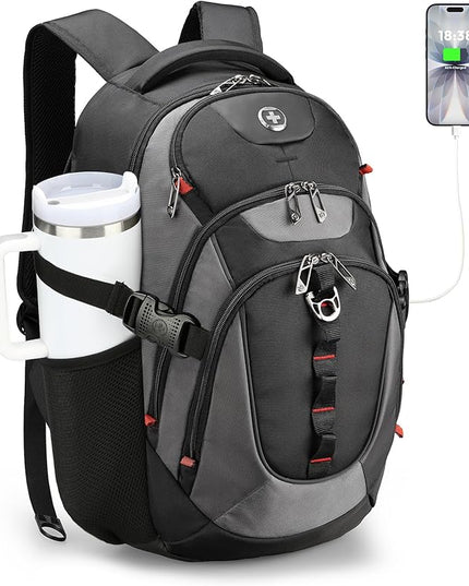 Swissdigital Design Laptop Backpack with USB Charging Port, Travel Backpack Fits 15.6 inches Computer, 31L College School Backpack for Men, Black/Grey | SD803-02