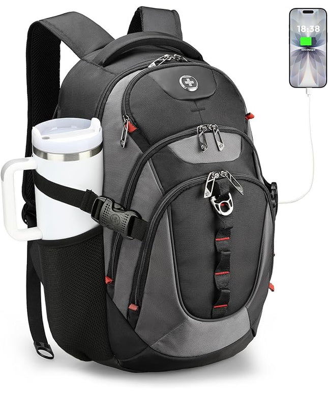 Swissdigital Design Laptop Backpack with USB Charging Port, Travel Backpack Fits 15.6 inches Computer, 31L College School Backpack for Men, Black/Grey | SD803-02