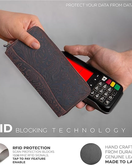 Oak Leathers Leather Wallet for Women - RFID Womens Wallet Clutch with 8 Credit Card Holder, Coin Pocket Vintage Brown Embossed