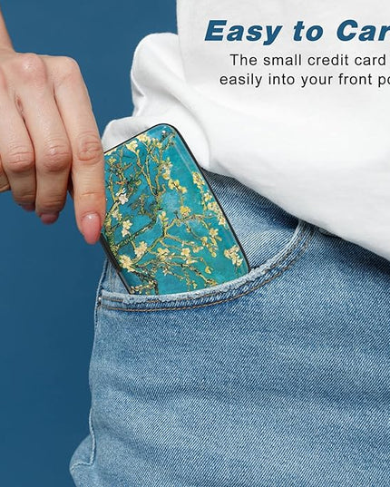Atufsuat Credit Card Holder, Mini Aluminum Card Wallet RFID Blocking Slim Metal Hard Card Case for Women Men, Almond Blossom
