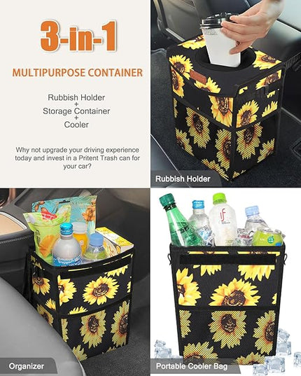 Car Trash Can with Lid, Cute Leakproof Car Trash Garbage Bag Hanging Vehicle Trash Bin Small Portable Automotive Garbage Cans Organizer for Back/Front Seat(Trapezoid,Black Sunflower