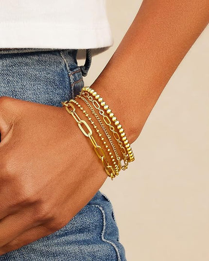 Waterproof Gold Chain Bracelet For Women Non Tarnish,14K Gold Plated Link Dainty Bracelets Stake Layered Bracelet Set Hypoallergen Gold Jewelry
