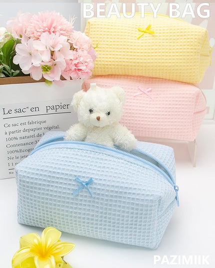 PAZIMIIK 6PCS Cozy Makeup Bag Travel Cosmetic Bag for Women Soft Toiletry Bag Aesthetic Makeup Organizer Portable Large Zipper Pouch for Skincare Beauty Accessories Brushes Waffle Check Blue