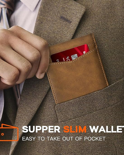 RUNBOX Wallet for Men Slim Leather Bifold RFID Blocking Minimalist Front Pocket Design with Gift Box
